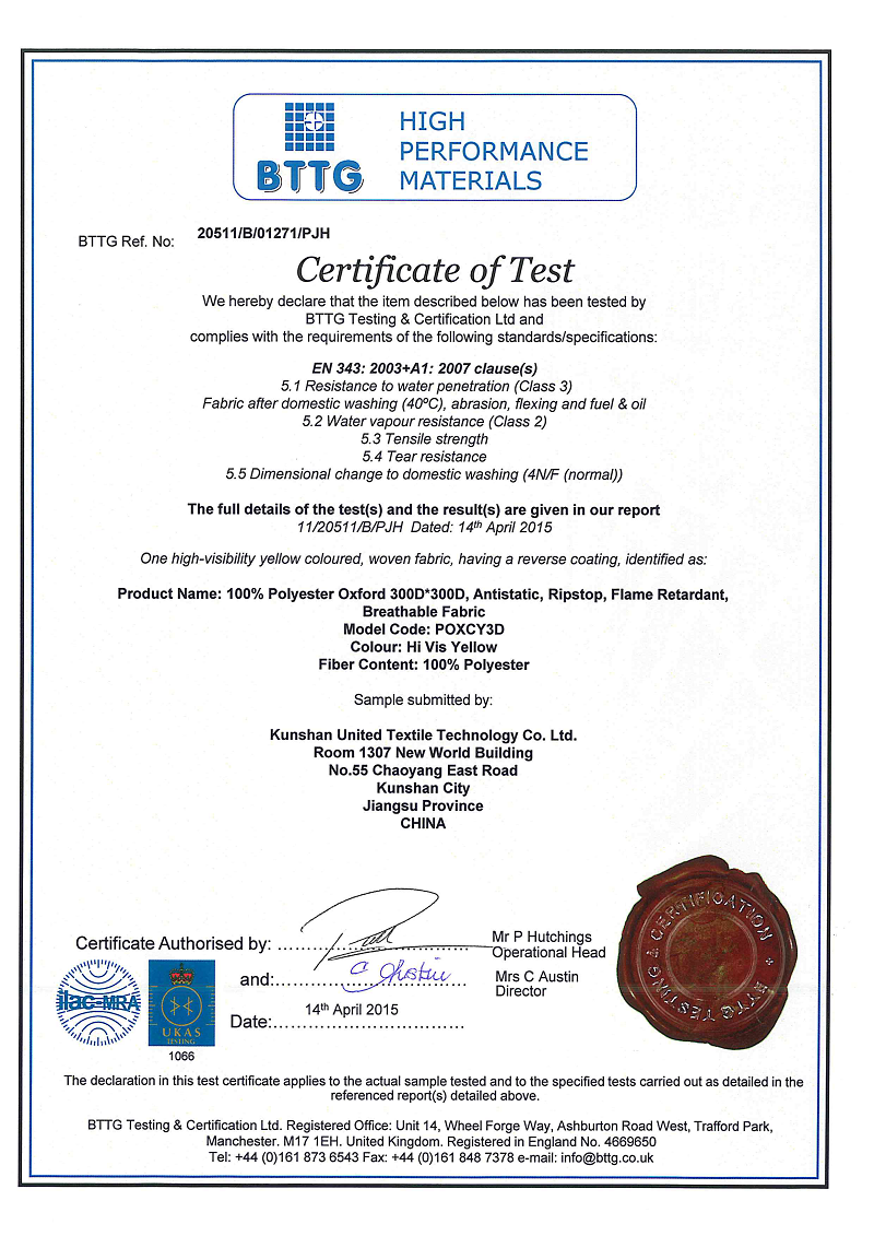 BTTG Certificate of Test (EN 343)