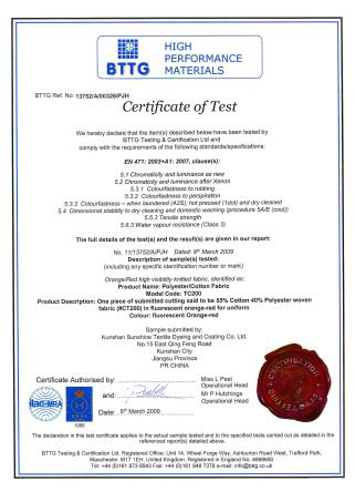 BTTG Certificate of Test (EN 471)